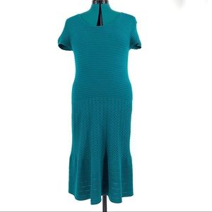 Gabby Skye Stripes and Chevron Teal Sweater Dress, Large